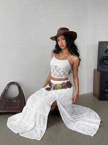 Siren Gaze 2025年波西米亚风沙滩裙 - 高开衩亚麻混纺多层长裙，松紧腰带，蕾丝边饰，音乐节必备及度假穿搭 | 夏季A字裙装，女士夏季穿搭，女士度假穿搭，女士沙滩装 - 米色 - 查看 3