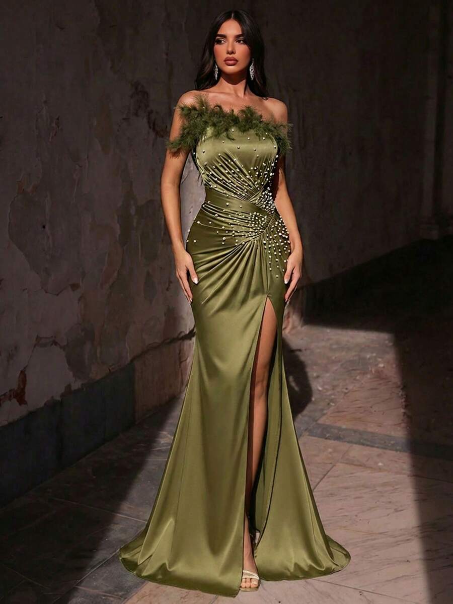 Aureia Elegant Luxurious Bubble Bead & Rhinestone Embellished Asymmetric-Shoulder Elastic Knit Ruched Slit Fishtail Dress, Suitable For Wedding, Party, Holiday, Banquet Green Satin Dress One Shoulder Formal Dress Green Sexy Dress Green Green Formal Dress St Patricks Day Gown - Dusty Pink - View 1