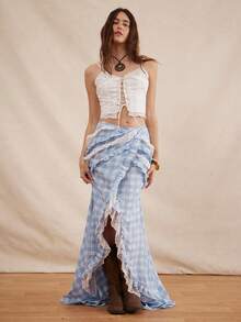 Easelle 波西米亚音乐节蕾丝拼接高低摆飘逸性感女裙 - 藍色 - 查看 3