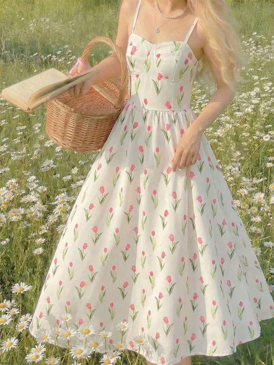 SHEIN Đầm dài ngang gối thanh lịch in họa tiết hoa tulip, không tay, thắt eo, dành cho bé gái tuổi teen mùa xuân/hè, kiểu Pháp trang nhã, đầm dự tiệc trà. - Nhiều màu - Xem 1
