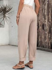 EMERY ROSE 女士休闲褶裥纽扣口袋裤，日常百搭 - 卡其色 - 查看 2