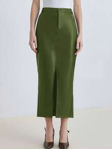 Aveloria Modichic Women's Solid Color Pocket Button Slit Design Casual Versatile Date Outing Skirt - Army Green - View 5