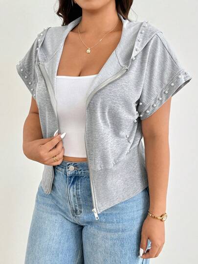 Elenzga Áo nỉ nữ cỡ lớn màu xám có mũ, tay ngắn, dáng rộng, thắt eo, khóa kéo, phù hợp mặc hàng ngày, đi làm và các hoạt động thể thao nhẹ.