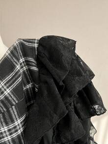 Attitoon 格纹撞色蕾丝下摆吊带Y2K哥特性感迷你连衣裙，适合OL穿着 - 黑色 - 查看 6