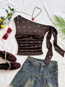 Blusa sin mangas con fruncidos y lazo frontal con lunares para mujer - Marrón - Ver 3