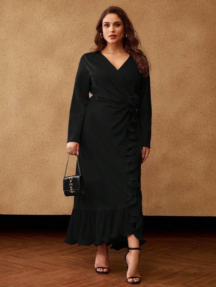 PLUS SIZE WRAP-STYLE 3D FLORAL RUFFLE TRIM LONG SLEEVE MIDI FITTED DRESS, SUITABLE FOR AUTUMN/WINTER PARTY