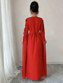 Rafferiza 女士长袖拼接阿巴雅长袍，中东风格长袍，饰有花卉蕾丝边 - 紅色 - 查看 2