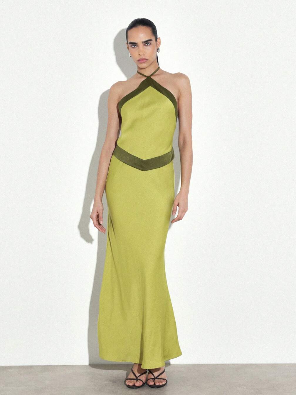green silk halter neck dress SATIN WITH PLEATED DETAILING They will look and feel incredible Womens Religion Green Valeria Maxi