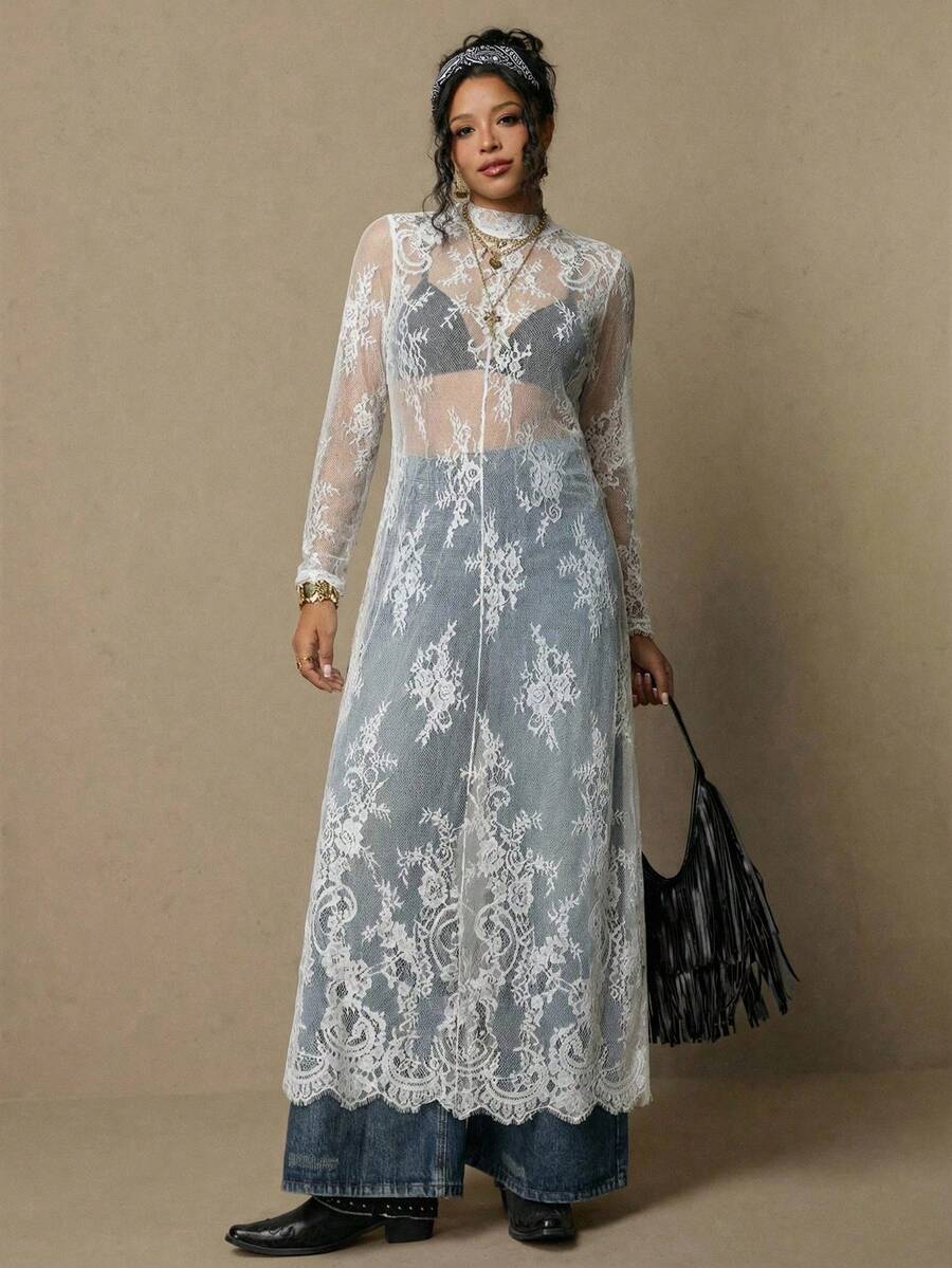 Freevana Đầm ren đen phong cách Bohemian cổ điển cỡ lớn, thanh lịch, đa năng, thích hợp mặc hàng ngày, đầm dự tiệc mùa xuân sớm dành cho phụ nữ. - trắng - Xem 1