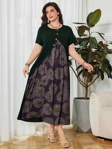 Lacomfia Plus Size Women Button Decor Floral Print Round Neck Short Sleeve Casual Dress - Dark Green - View 3