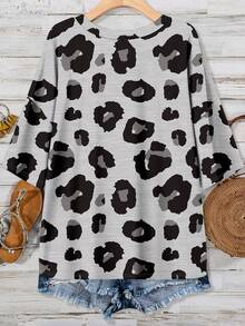 EMERY ROSE Plus Size Casual Leopard Print T-Shirt, Suitable For Summer - Grey - View 2
