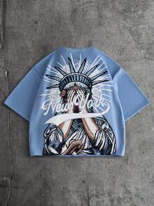 AXEPEAK 男士夏季休闲复古美式自由女神像字母印花短袖T恤 - 藍色 - 查看 1
