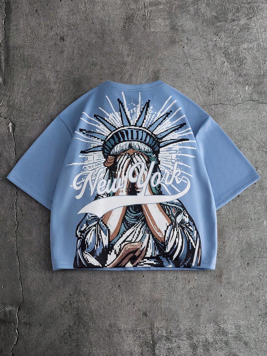 AXEPEAK 男士夏季休闲复古美式自由女神像字母印花短袖T恤 - 藍色 - 查看 1