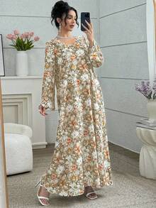 Yasmyna Đầm dáng rộng, thanh lịch, cổ điển, lãng mạn với họa tiết hoa và ngọc trai, phù hợp cho công sở và các hoạt động ngoài trời. - Màu Khaki - Xem 3