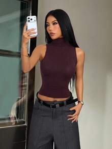 SHEIN PETITE 女士秋冬新款高领无袖紧身罗纹燕麦色针织背心毛衣，适合日常穿着 - 紫色 - 查看 9