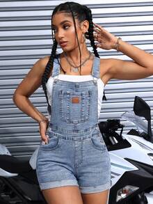 SHEIN PETITE Quần yếm denim nữ thêu chữ, có túi, kiểu dáng thường ngày. - Rửa nhẹ - Xem 1