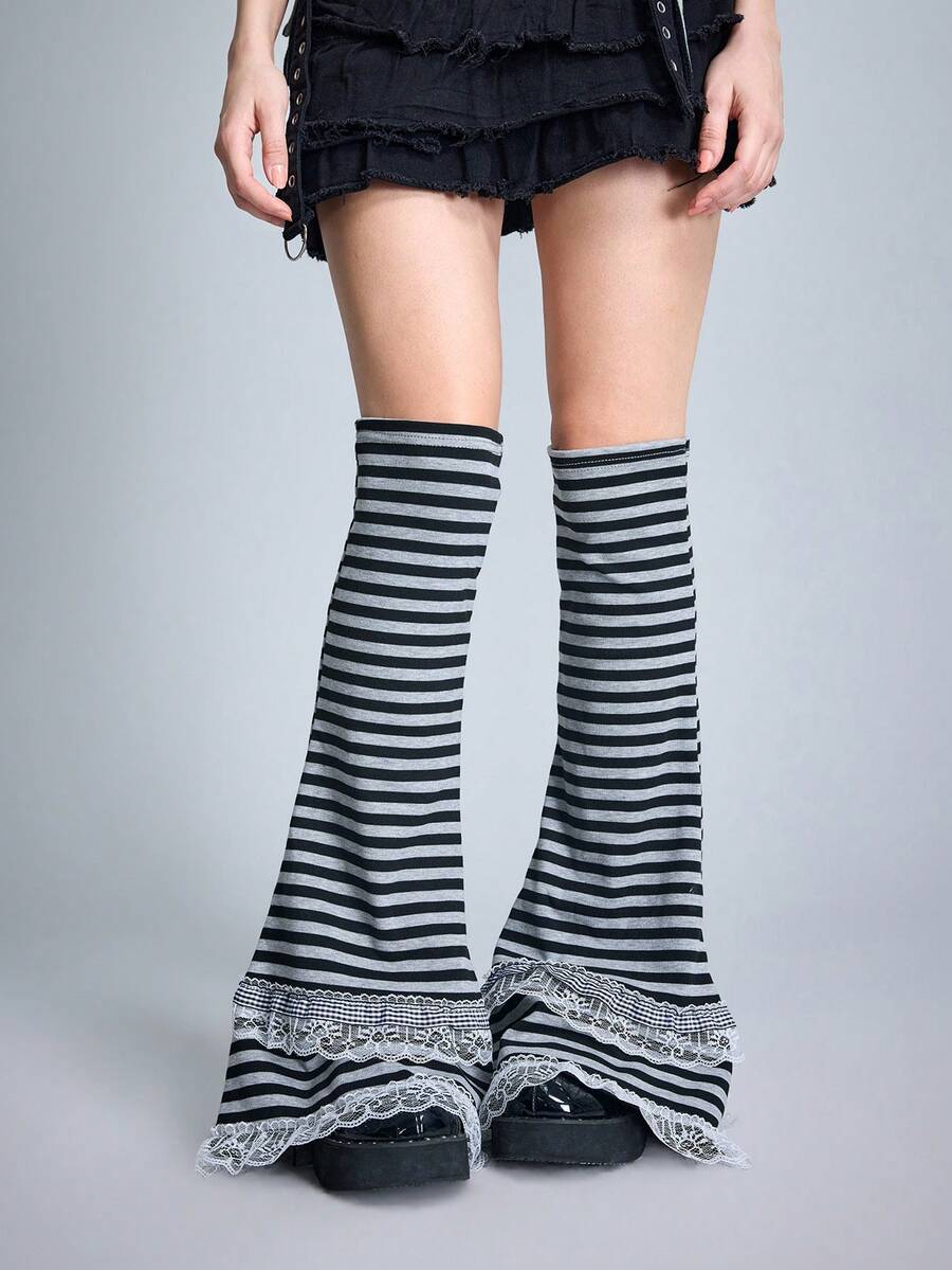 ROMWE 1双可爱风格的黑灰条纹针织牛角袜，Y2K小众设计双层蕾丝叠穿袜，不易起球，过膝长袜 - 黑與白 - 查看 1