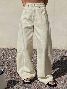Livesso 女士休闲街头风宽松百搭牛仔裤 - 白色 - 查看 7