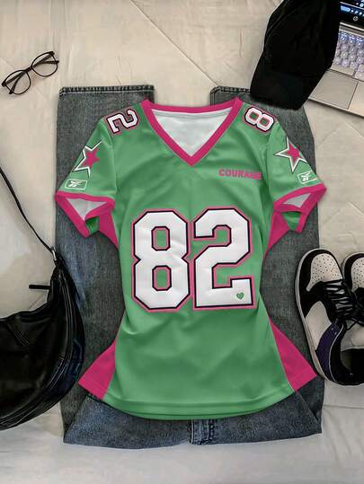 Glimmora Women's Casual Numeric Print V-Neck Fitted Short Sleeve T-Shirt