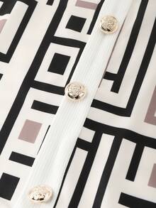 Franclia 女士几何迷宫印花方领纽扣收腰休闲夏季畅销T恤 - 白色 - 查看 4