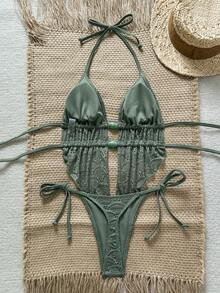 Swim SXY Women's Spring/Summer Jacquard Fabric Beaded Spaghetti Strap Bikini Top - Army Green - View 4
