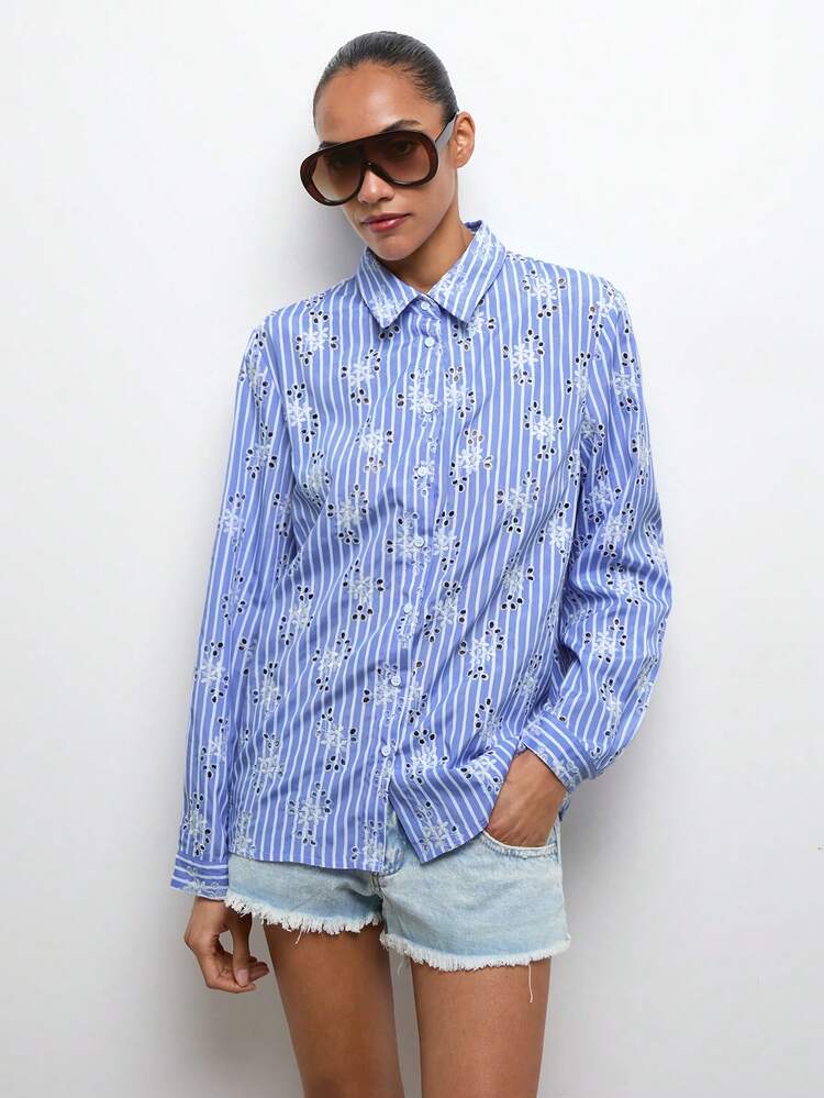 SHEIN Maija Striped Print Hollow Embroidery Front Button Casual Long Sleeve Shirt St Patrick's Day Women Easter Summer Easter Women Party Top Beach Summer Holiday Each Vacation For Women Summer For Women Going Out Graduation Graduation Casual Casual Blouses For Women Preppy Clothes Women's Summer Outfits