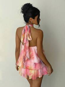 Aloruh 女士优雅浅黄色露背系带迷你连衣裙 - 彩色 - 查看 4