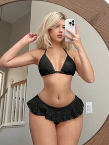 Swim Mod 2 piezas Conjunto de bikini con top corto de tirantes finos minimalista y sexy, y Bottom de triángulo con volantes, de unicolor - Negro - Ver 1