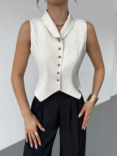 Rafferiza Women's Solid Color Single-Breasted Casual Versatile Daily Wear Thin Suit Vest