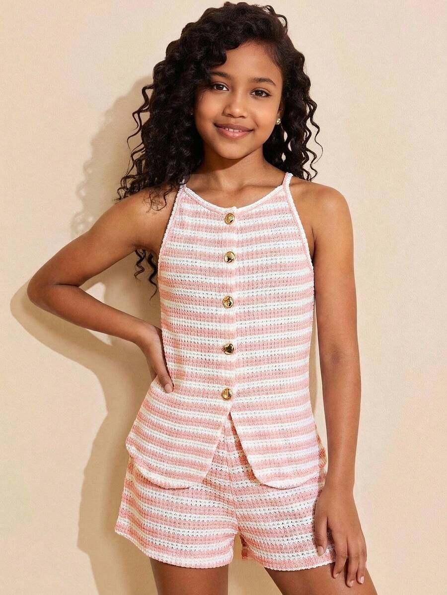 Travachic KIDS Bộ đồ đi nghỉ mát thường ngày cho bé gái tuổi teen: Áo hai dây dệt kim kẻ sọc và quần short cạp chun. - Màu Hồng baby - Xem 1