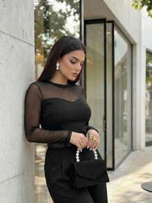 Auveirra Plus Size Fashionable Commuter Mesh Patchwork Fitted Long Sleeve T-Shirt Elegant Women's Blouses Summer Tops Party Top Elegant Blouses For Ladies Summer Clothes Valentine Clothes  Valentine's Day Valentine Outfits For Women Black Top - Black - View 6