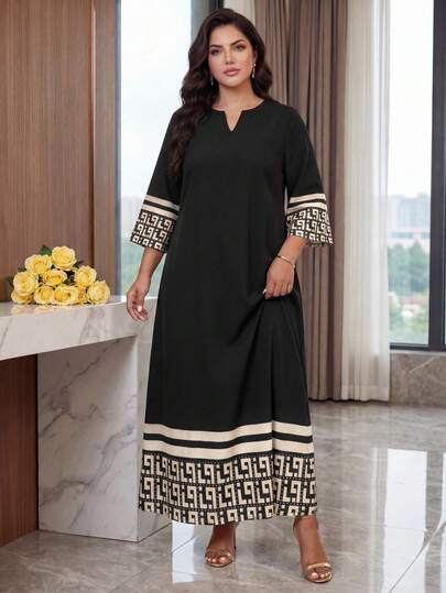 SHEIN Lady CURVE 春夏秋冬大码缺口V领梭织黑色宽袖经典惠子条纹印花大码长袍连衣裙