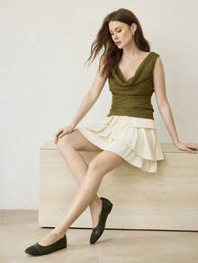 MOTF 女士复古新款时尚深绿色PU皮革方头平底鞋，简约休闲轻便，低帮套脚设计，舒适优雅的高端芭蕾舞鞋 - 軍綠色 - 查看 9