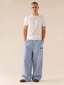SWAVVY Men's Letter Printed Elastic Waist Loose Striped Wide Leg Pants - Blue - View 3