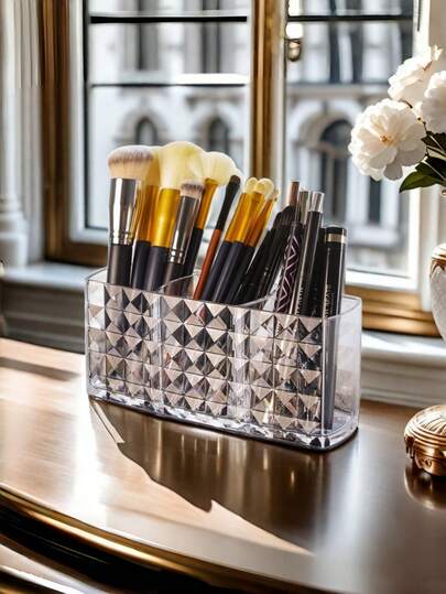 1 PIEZA Organizador de brochas de maquillaje de acrílico transparente con 3 compartimentos, caja de almacenamiento de cosméticos, soporte para bolígrafos, organizador de escritorio, accesorio de tocador, regalo de Navidad y fiestas, artículo esencial de almacenamiento de belleza, estuche de exhibición multifuncional transparente para baño, oficina y decoración del hogar