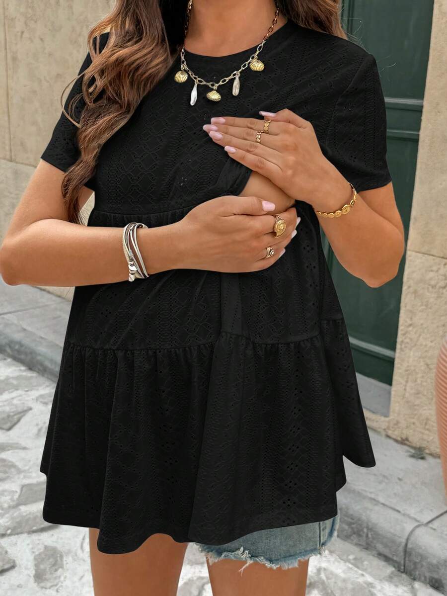 SHEIN Blusa de amamentação casual de manga curta e cor sólida para gestantes, ideal para o verão. - Preto - Ver 1