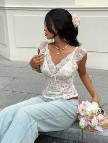 SHEIN Frenchy 女士优雅印花蕾丝拼接衬衫，夏季 - 彩色 - 查看 6