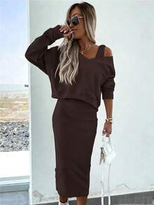 INAWLY 2 件套女士套装：纯色落肩长袖运动衫和无袖连衣裙 - 咖啡棕 - 查看 5