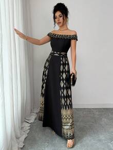 Rafferiza Women's Sleeveless Off-Shoulder Long Elegant Dress, Spring/Summer - Black Gold - View 4