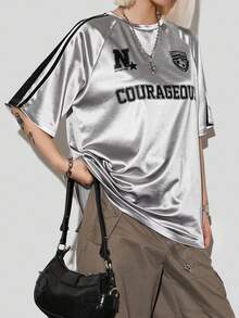 Coolane 女士加大码夏季宽松印花运动球衣T恤，金属银色，适合音乐节和运动服 - 銀色 - 查看 3