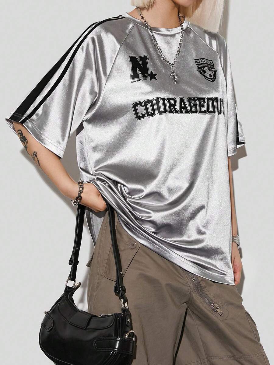 Coolane 女士加大码夏季宽松印花运动球衣T恤,金属银色,适合音乐节和运动服 - 銀色 - 查看 1