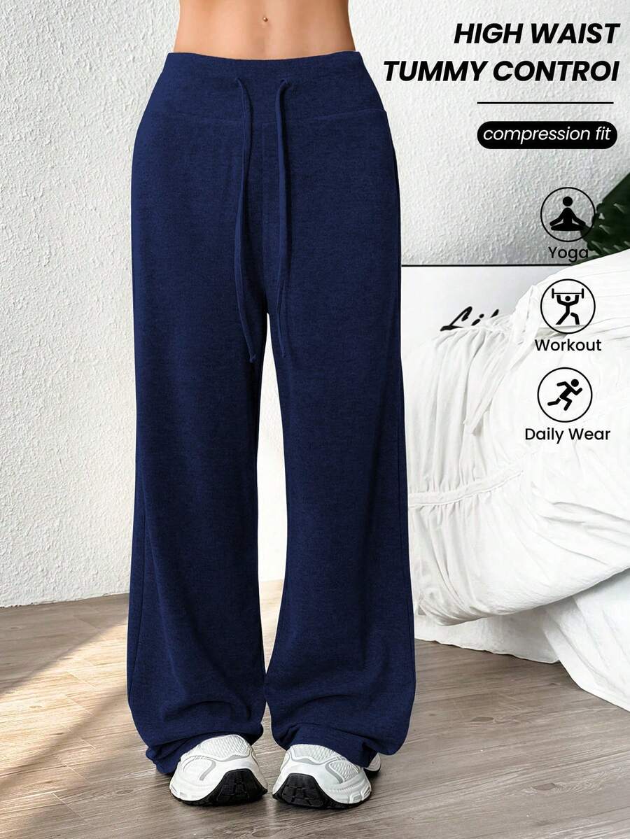 Easithlete Casual Solid Color Drawstring Waist Sports Pants - Navy Blue - View 1