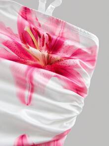 SHEIN Girlism 少女碎花印花露脐吊带背心，褶皱下摆和透明肩带，搭配层叠可爱迷你裙两件套，休闲假日装扮 - 彩色 - 查看 5