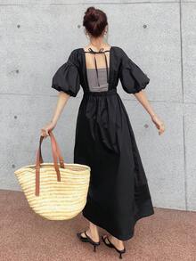 FRIFUL Women's Summer/Spring Solid Color Tie Bow Decor Flared Waist Fitted Long Dress, Versatile Sundress - Black - View 4