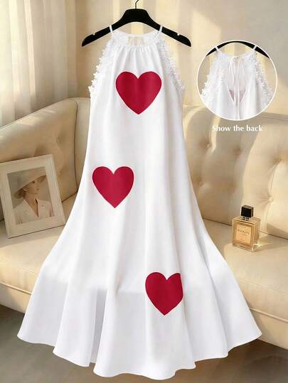 GlowEve CURVE Vestido de mujer talla grande con estampado de corazón y decoración de aplicación, con cuello halter