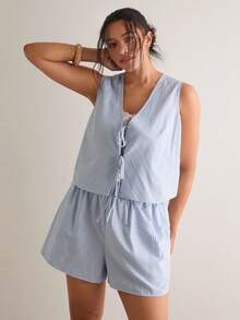 Levarali Plus Size Bohemian Light Blue Stripe Sleeveless 2-Piece Set Summer Smart Casual Tie-Up V-Neck Vest Top Loose Wide Leg Shorts Outfit Beach Vacation - Blue and White - View 4