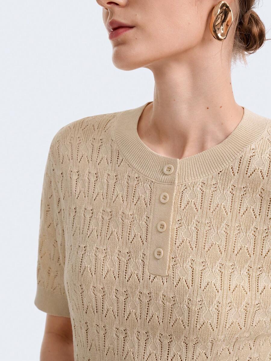 Aalyst Summer Commute Elegant Cream Dawn Crochet Hollow Knit Top With Lace Trim, Round Neck Half-Button Mist Dyed Series Women Short Sleeve Sweater - Apricot - View 1