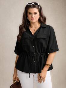 Zelara Plus Size Women Drawstring Waist Short Sleeve Utility Pocket Loose Shirt - Black - View 7