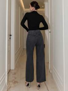 Bris Aura Chaebol Heavy Industry 女款黑色水钻装饰直筒牛仔裤 - 黑色 - 查看 2