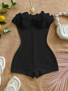 Soleia 度假风夸张荷叶边无肩带女士派对连体裤，适合圣诞节、约会、夜店、波西米亚风、度假、秋季女装、复古风 - 黑色 - 查看 4